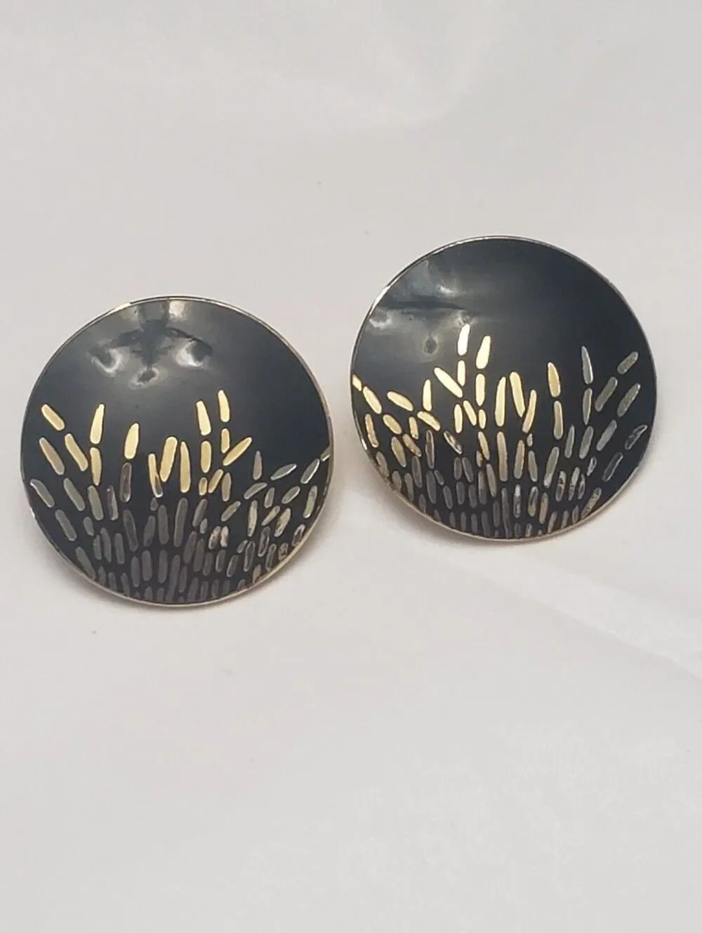 Large Glossy Enameled Black & Gold Pierced Earrings